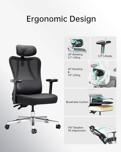 Hbada P3 Ergonnomic Office Chair with 2D Adjustable Lumbar Support, Office Chair with Adjustable Headrest and Armrest, 145° Stepless Tilt Function, Black(No Footrest)