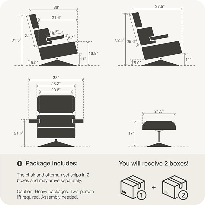 Top Black Grain Leather, Mid Century Chaise Lounge Chair and Ottoman, Modern Chair Classic Design, Walnut Wood, Heavy Duty Base Support for Living Room Study Lounge Office