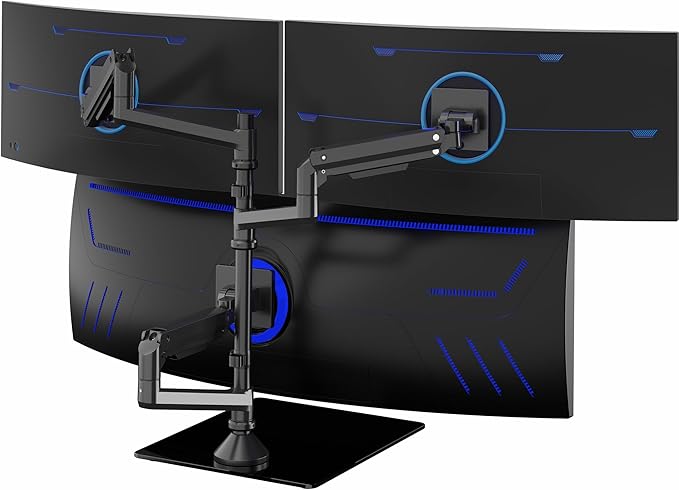 VIVO Pneumatic Arm Triple Ultrawide Monitor Desk Stand for Up to 49 inch Screens with Tempered Glass Base, Holds 3 Ultra Wides Up to 33 lbs Each, Black, STAND-V300FG