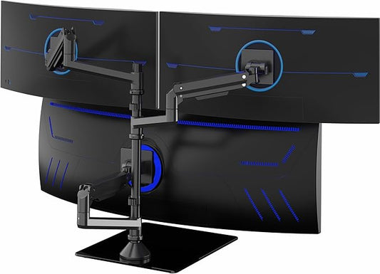 VIVO Pneumatic Arm Triple Ultrawide Monitor Desk Stand for Up to 49 inch Screens with Tempered Glass Base, Holds 3 Ultra Wides Up to 33 lbs Each, Black, STAND-V300FG