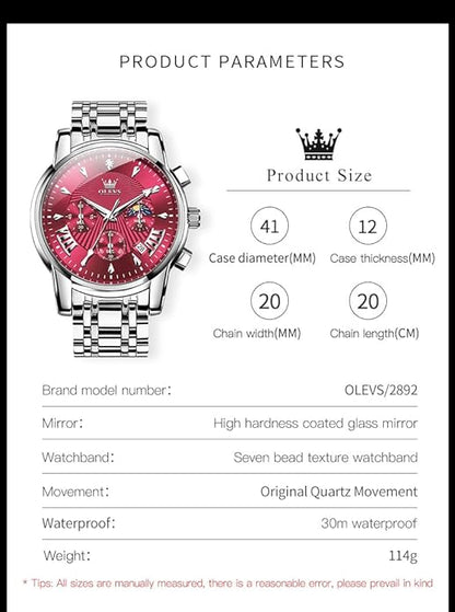 OLEVS Men Silver Watches,Men's Stainless Steel Chronograph Watch,Man Analog Quartz Big Face Male Watches Luxury Waterproof Roman Numeral Dress Diamond Relojes para Hombre
