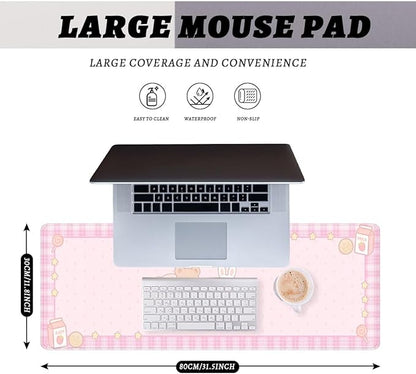 Cute Animals Gaming Mouse Pad Pink Kawaii Cartoon Rabbit Bear Extended Gaming Mouse Pad Mat with Stitched Edge Non-Slip Base Big Mousepad 31.5"x11.8"