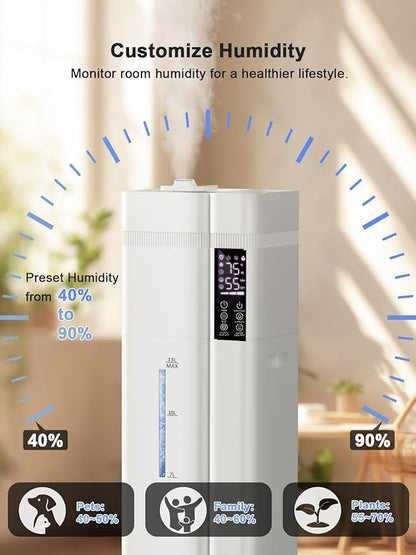 13L/3.4Gal Humidifiers for Bedroom, Ultrasonic Warm & Cool Mist Humidifier Large Room, Covers 800ft², 72H Runtime, 24H Timer, 3 Mist Modes Top Fill Quiet Humidifiers for Home, Office, White