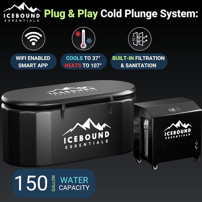 XL Cold Plunge Tub with Water Chiller - 1HP Hot and Cold Water Chiller for Ice Bath – 150 Gallon Cold Tub - Premium Ice Plunge Tub with Chiller - WiFi - Filter - Ozone/UV - Ice Bath with Chiller