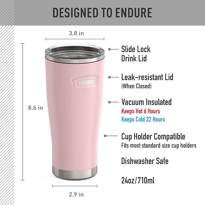THERMOS ICON SERIES, Stainless Steel Cold Tumbler with Slide Lock, 24 Ounce, Sunset Pink