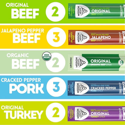 Mission Meats Variety Pack with Certified Organic Beef, Grass Fed, Free Range Turkey, and Cracked Pepper Pork – Gluten & Sugar Free, Whole 30 & Paleo Friendly, Delicious and Family Friendly (12 Count)