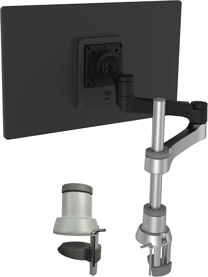 R-Go Zepher Monitor Arm, Single Monitor Desk Mount with Clamp, Adjustable Height & Rotation, Customizable Options for Optimal Ergonomics, up to 32’’Inch Monitors, Weigh max 8KG, Matte silver/black