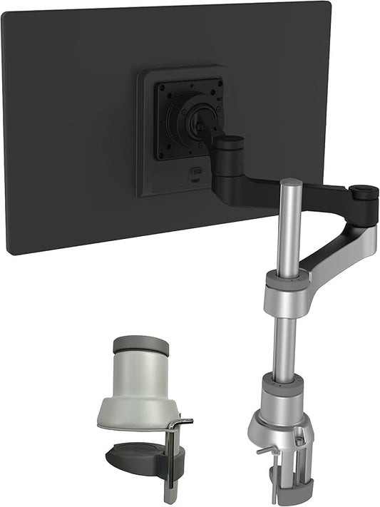 R-Go Zepher Monitor Arm, Single Monitor Desk Mount with Clamp, Adjustable Height & Rotation, Customizable Options for Optimal Ergonomics, up to 32’’Inch Monitors, Weigh max 8KG, Matte silver/black