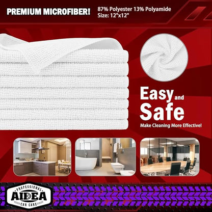 AIDEA Microfiber Cleaning Cloth White 50PK, Microfiber Towels for Cars, Premium Car Cloths, Dusting Cloth Lint Free Cleaning Rags for SUVs, House, Kitchen, Window, Workshops,12×12"