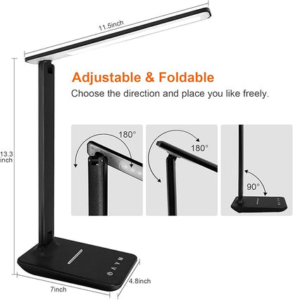 karidi LED Desk Lamp Dimmable Table Lamp with USB Charging Port, 5 Lighting Modes, Sensitive Control, Foldable Portable Desk Light for Home Office Bedroom Reading (Black, Standard Size - 13.3 inch)