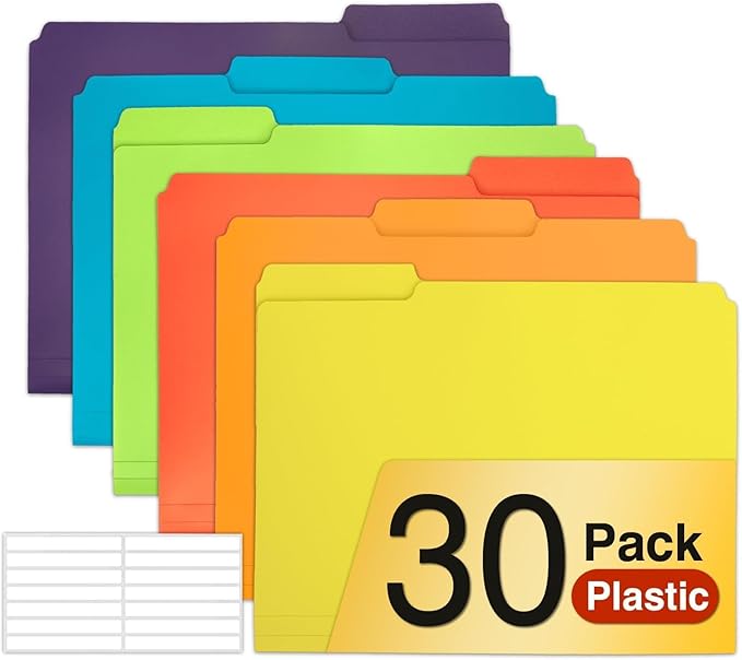 H4D 30 Pack Colored File Folders, Plastic Manila Folders with 1/3-Cut Tabs, Letter Size Home School Office Supplies for Document Filing, 6 Colors