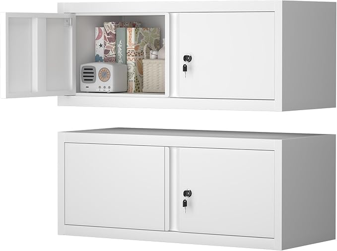 LUCYPALGarage Wall Cabinet with Doors,Metal Locking Storage Cabinet,Floating Tool Cabinet for Kitchen,Garage,Workshop,Warehouse(12.8" H,White)