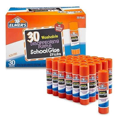 Elmer's Disappearing Purple School Glue Sticks, Washable, 7 Grams, 30 Count - Poster, Vision Board, Back to School, Bulk Pack for Classrooms, #1 Teacher Brand