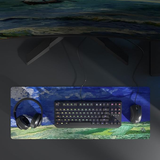 XL Van Gogh Mouse Pad, Large Oil Painting Field Gaming Mouse Mat, 31.5" x 11.8" Desk Mat with Non-Slip Base and Stitched Edge for Home Office Gamer