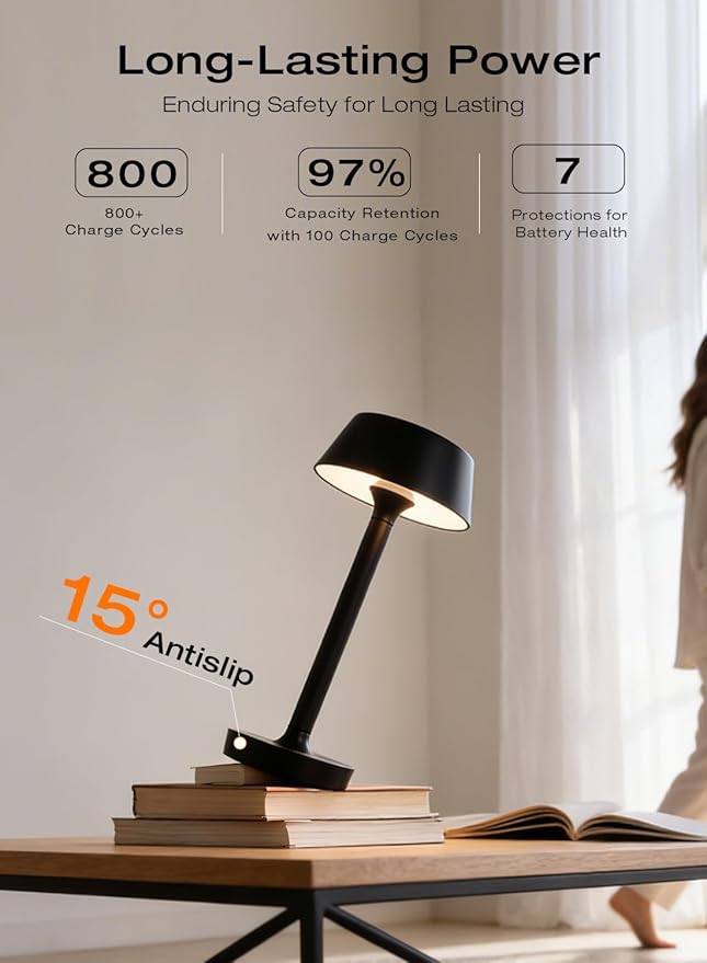 Cordless Rechargeable Table Lamp with Power Charger,Portable LED Desk Lamp,5000mAh Battery Operated,2700K-5700K Tunable,Stepless Dimming for Bedroom Bedside Outdoor Camping Light,Black