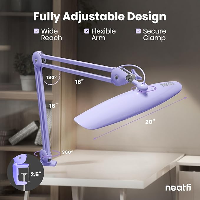 Neatfi XL LED Desk Lamp with Clamp, 2200 Lumens, 20W, 20-Inch Wide Head, Dimmable 4 Brightness Levels, 3 Color Modes 3000K–6000K, Task Light for Home Office, Crafts, Workbench (CCT, Lavender)
