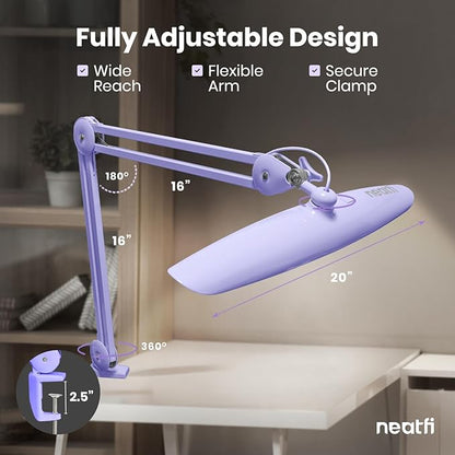 Neatfi XL LED Desk Lamp with Clamp, 2200 Lumens, 20W, 20-Inch Wide Head, Dimmable 4 Brightness Levels, 3 Color Modes 3000K–6000K, Task Light for Home Office, Crafts, Workbench (CCT, Lavender)