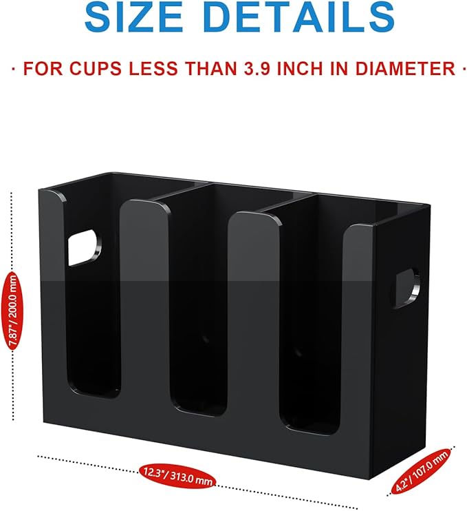 WINFFOR Disposable Cup Organizer Dispenser - 3 Compartments Black Acrylic Cup and Lid Holder with Handles Plastic Cup Dispenser Countertop Paper Cup Holder for Coffee Bar House Party Essentials