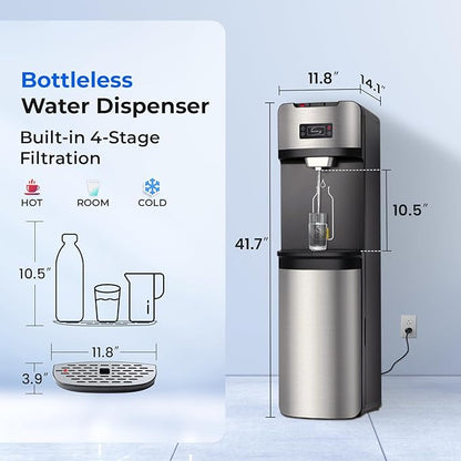 iSpring Bottleless Water Cooler Dispenser with 4-Stage Filtration, SGS-Tested 99% of PFAS, Lead, Chloramine Removal, Hot, Cold, Room Temp, Self Cleaning, Stainless Steel, Silver, Model: DS4S-MAX