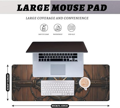 Nautical Compass Desk Pad Mouse Pad Vintage Wood Metal Large Gaming Mouse Mat with Stitched Edges,Non-Slip Waterproof Rubber Base Mous Mat 31.5"x11.8"