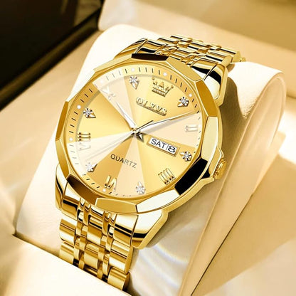 Men's Casual Stainless Steel Watch, Big Face Easy to Read Analog Quartz Watch with Day and Date, Classic Waterproof Diamond Roman Arabic Numerals Dial Dress Watch for Men, Gold Silver Black Band