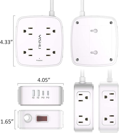 Surge Protector Power Strip - YISHU 8 Widely Outlets with 2 USB-C(PD 30W) and 2 USB-A Ports, 3 Side Outlet Extender with 6Ft Flat Plug Extension Cord, Wall Mount, Desk USB Charging Station, ETL,White