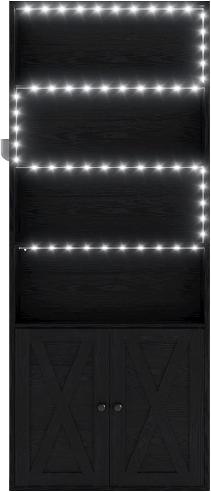 IRONCK Tall Bookcase with LED Lights, 70 in Industrial Bookshelves and Bookcases with Doors, 6 Shelf Display Storage Shelves Floor Standing for Home Office, Living Room, Bedroom