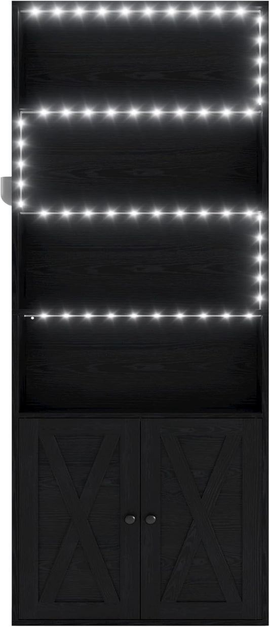 IRONCK Tall Bookcase with LED Lights, 70 in Industrial Bookshelves and Bookcases with Doors, 6 Shelf Display Storage Shelves Floor Standing for Home Office, Living Room, Bedroom