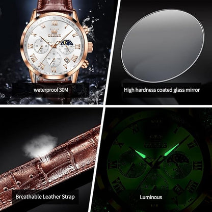 OLEVS Men's Leather Analog Quartz Watch - Luxury Chronograph Wristwatch With Date, Waterproof, Luminous - Dress Style