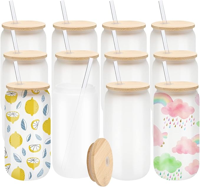 12 Pack Sublimation Glass Cups Frosted 16oz Blanks Beer Can Borosilicate Glasses Tumbler with Bamboo Lids and Straws for Beer, Juice, Soda, Iced Coffee, Drinks