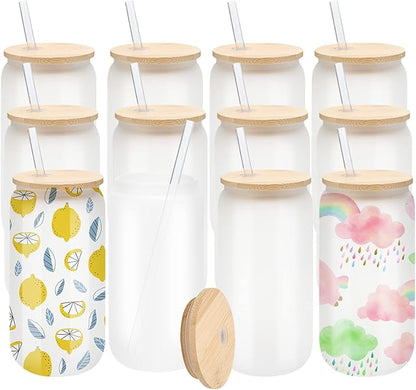 12 Pack Sublimation Glass Cups Frosted 16oz Blanks Beer Can Borosilicate Glasses Tumbler with Bamboo Lids and Straws for Beer, Juice, Soda, Iced Coffee, Drinks