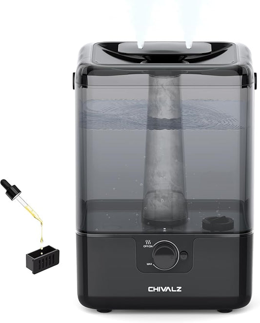 CHIVALZ Humidifiers for Bedroom Large Room Home, 6L Cool Mist Humidifier for Baby and Plant, Oil Diffuser, Top Fill Humidifier with Night Light, Quiet 26dB, Up to 50H, Black 1Pack
