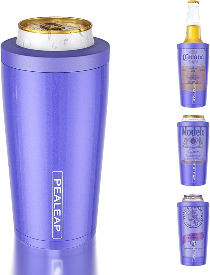 4 in 1 Insulated Slim Can Cooler for 12 OZ Cans and Beer Bottle - Keep 8 Hours Cold, Easy to Hold - Stainless Steel Can Holder, Double Walled Can Insulator for Hard Seltzer and More (Violet)