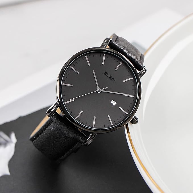 BUREI Men Watches Brown Leather Fashion Minimalist Wrist Watch Simple Ultra Thin Waterproof Quartz Watches All Black Stainless Steel Mesh Band,Gift for Men Women