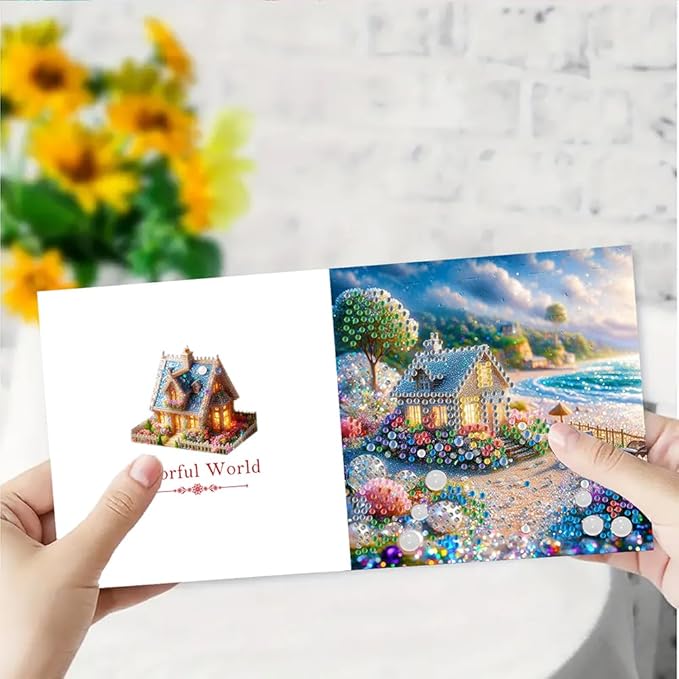 6pcs DIY Small House Diamond Art Painting Greeting Cards Kit, Rhinestone Art Holiday Birthday Card Set with Envelopes, DIY Festival Craft for Girlfriend, Christmas Valentine Gift Making Supplies