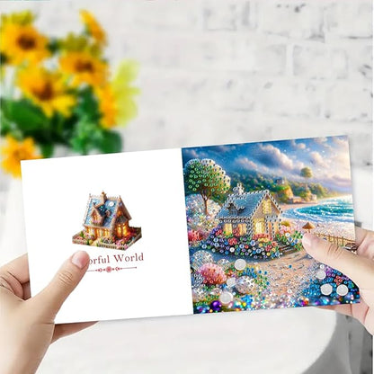 6pcs DIY Small House Diamond Art Painting Greeting Cards Kit, Rhinestone Art Holiday Birthday Card Set with Envelopes, DIY Festival Craft for Girlfriend, Christmas Valentine Gift Making Supplies