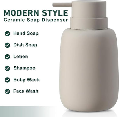 Ceramic Hand Soap Dispenser for Bathroom,16OZ Matte Dish Soap Dispenser for Kitchen Sink,Refillable Liquid Lotion Dispenser with Easy-to-Press Pump Rubber Paint (Grey)