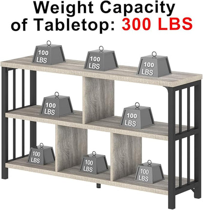 IBF Industrial Horizontal Bookshelf, Modern 5 Cube Storage Organizer Open Shelf, Low Wide Cubby Bookcase for Home Office Living, Wooden Metal Short Book Shelf Bedroom Storage, Light Grey Oak, 47 Inch