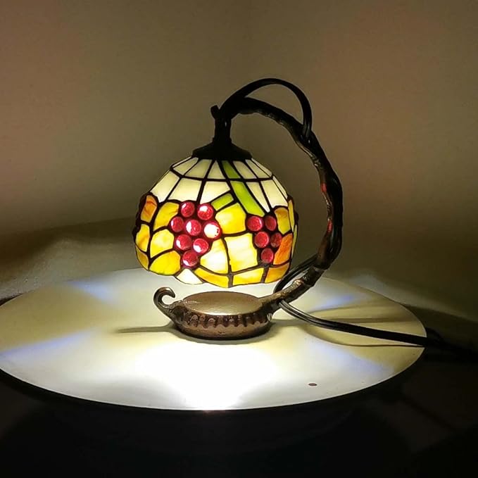 Bieye L10554 Grapes Tiffany Style Stained Glass Mini Table Lamp Night Light for Bedside Living Room, 7-inch Tall