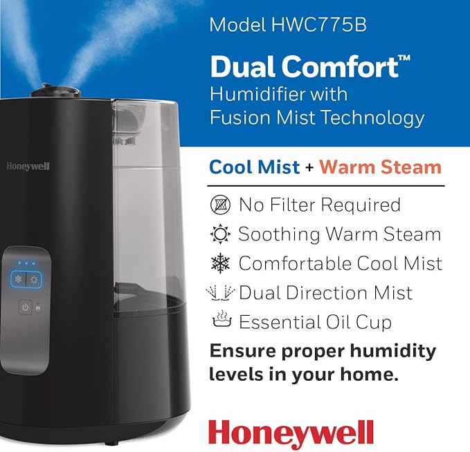 Honeywell Dual Comfort Cool + Warm Mist humidifier. Humidifier for Bedroom, Office, Living Room and Home. Provides Temporary Relief from Dry air discomforts - Black, HWC775B