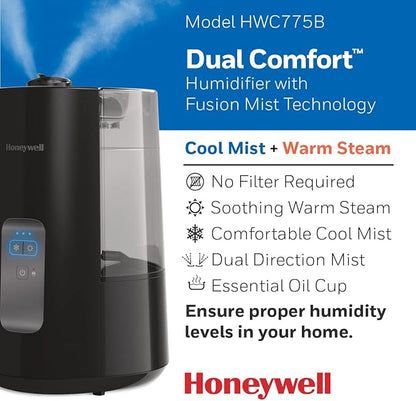 Honeywell Dual Comfort Cool + Warm Mist humidifier. Humidifier for Bedroom, Office, Living Room and Home. Provides Temporary Relief from Dry air discomforts - Black, HWC775B