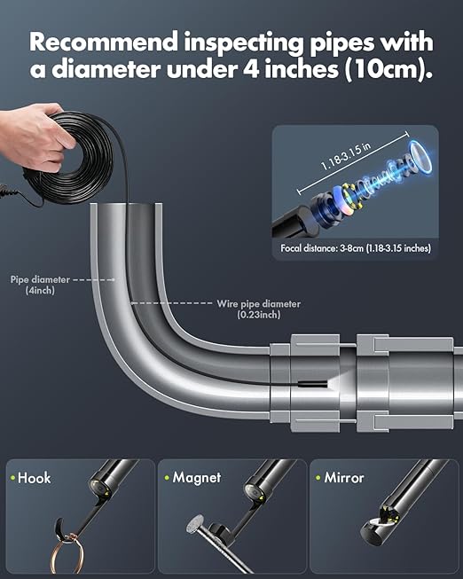 Anykit Borescope Inspection Camera with Light, Industrial Endoscope Camera with 0.3 Slim Probe, 4.3” HD Screen Digital Snake Cam, Semi-Rigid Cable Bore Scope for Pipe, Engine, Inside Wall (33 FT)