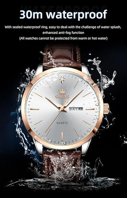 OLEVS Mens Watches Vintage Leather Band Dress Classic Easy Reader Arabic Numerals Analog Quartz Waterproof Date and Day Blue/Black/White Large Face Men's Wrist Watches