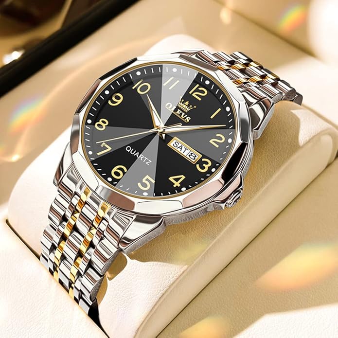 Men's Casual Stainless Steel Watch, Big Face Easy to Read Analog Quartz Watch with Day and Date, Classic Waterproof Diamond Roman Arabic Numerals Dial Dress Watch for Men, Gold Silver Black Band