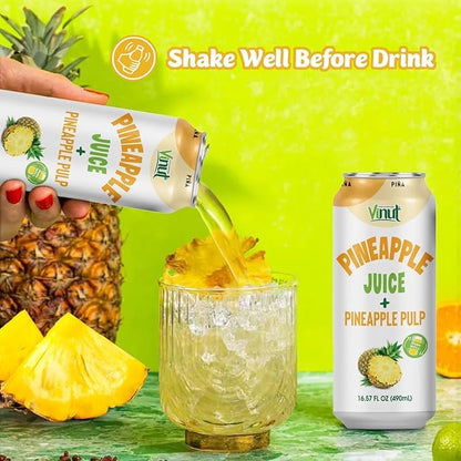 Vinut Natural Pineapple Juice Drink with Pulp, (16.57 fl oz, Pack of 12) Real Pineapple Juice, No Sugar Added, Gluten Free, GMO-Free