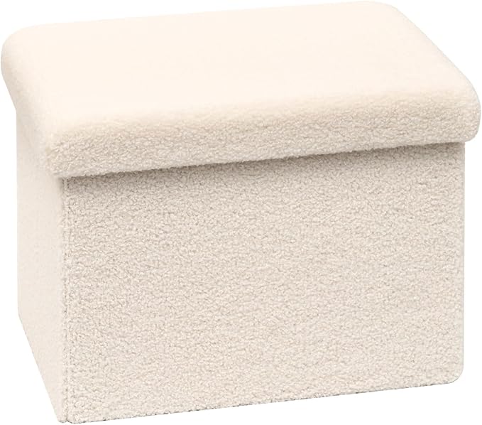 16.5 Folding Storage Ottoman Cube - Small Footrest with Sherpa Top, Multi-Functional Storage for Bedroom, Living Room,White