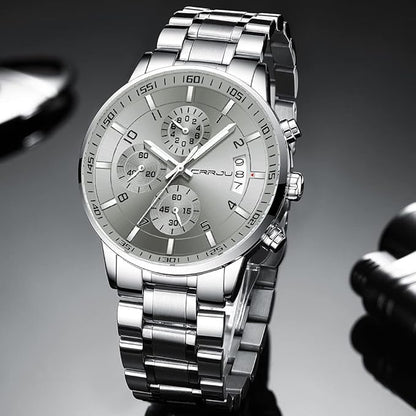 CRRJU Men's Fashion Stainless Steel Watches Date Waterproof Chronograph Wristwatches,Black Steel Band Waterproof Quartz Watch for Men