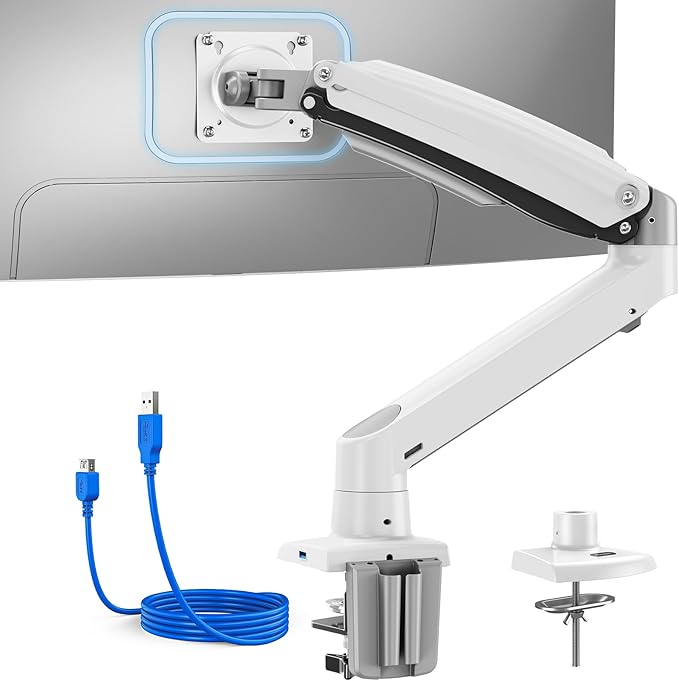 HUANUO Single Monitor Arm for 49 inch Screens, Ultrawide Computer Monitor Mount Holds 26.48 lbs, Upgraded Adjustable Stand with USB, C-Clamp & Grommet Base, VESA 75x75 or 100x100mm