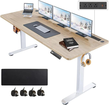 Electric Standing Desk 63 x 24 Inches Adjustable Height Sit Stand Up Desk for Home Office Computer Workstation with 2 USB Ports 3 AC Power Outlets Memory Preset and Wheels,Oak