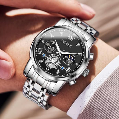 OLEVS Men Silver Watches,Men's Stainless Steel Chronograph Watch,Man Analog Quartz Big Face Male Watches Luxury Waterproof Roman Numeral Dress Diamond Relojes para Hombre